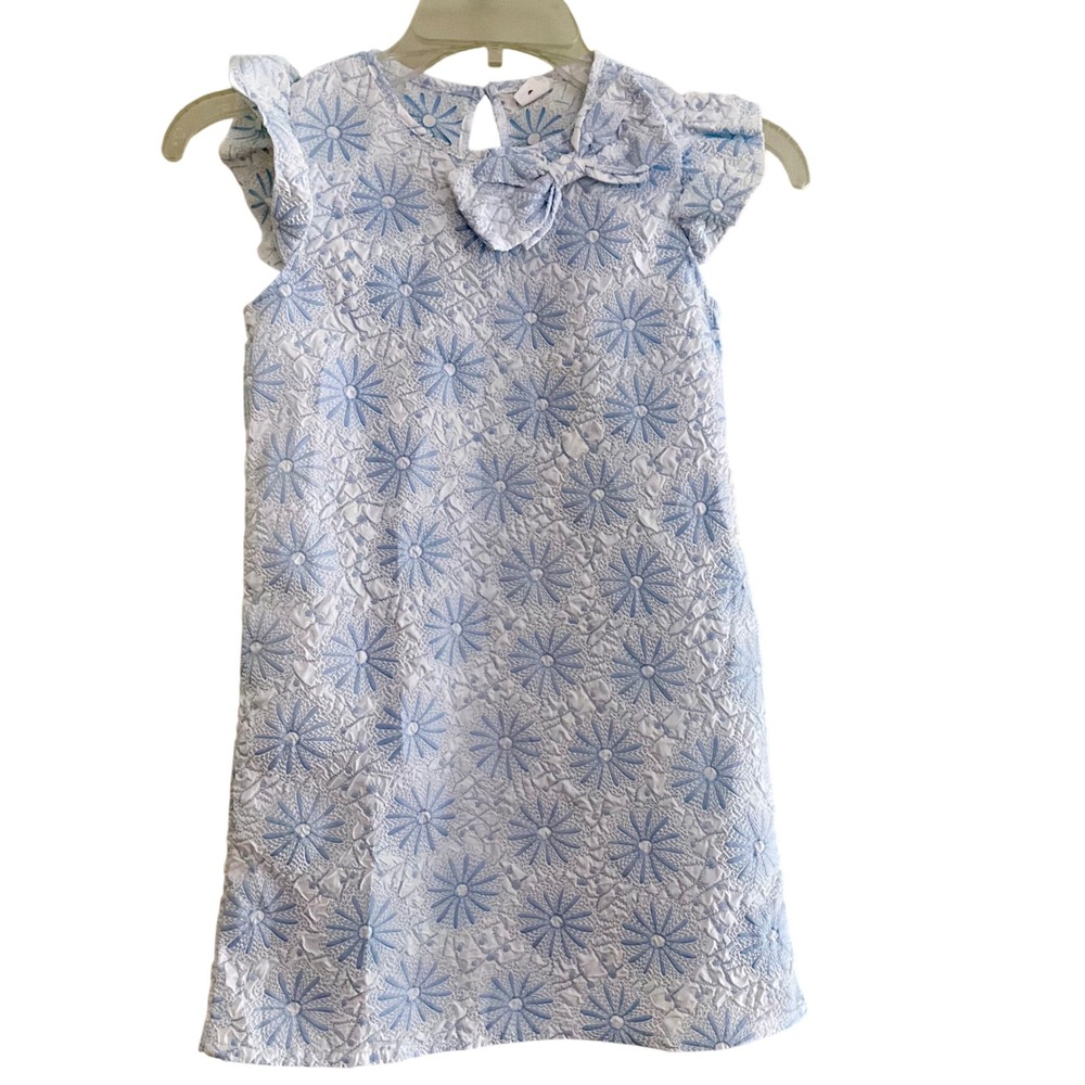 Girls Blue White Floral Seersucker Bow Ruffle Dress Size 6Y Summer‎ Preppy